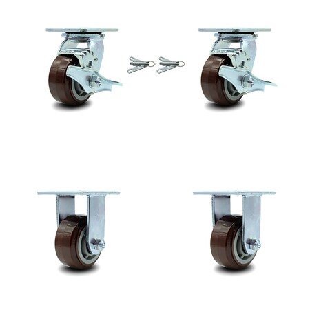 Service Caster 4 Inch Polyurethane Caster Set with 2 Brakes/Swivel Lock 2 Rigid SCC-30CS420-PPUB-TLB-BSL-2-R-2